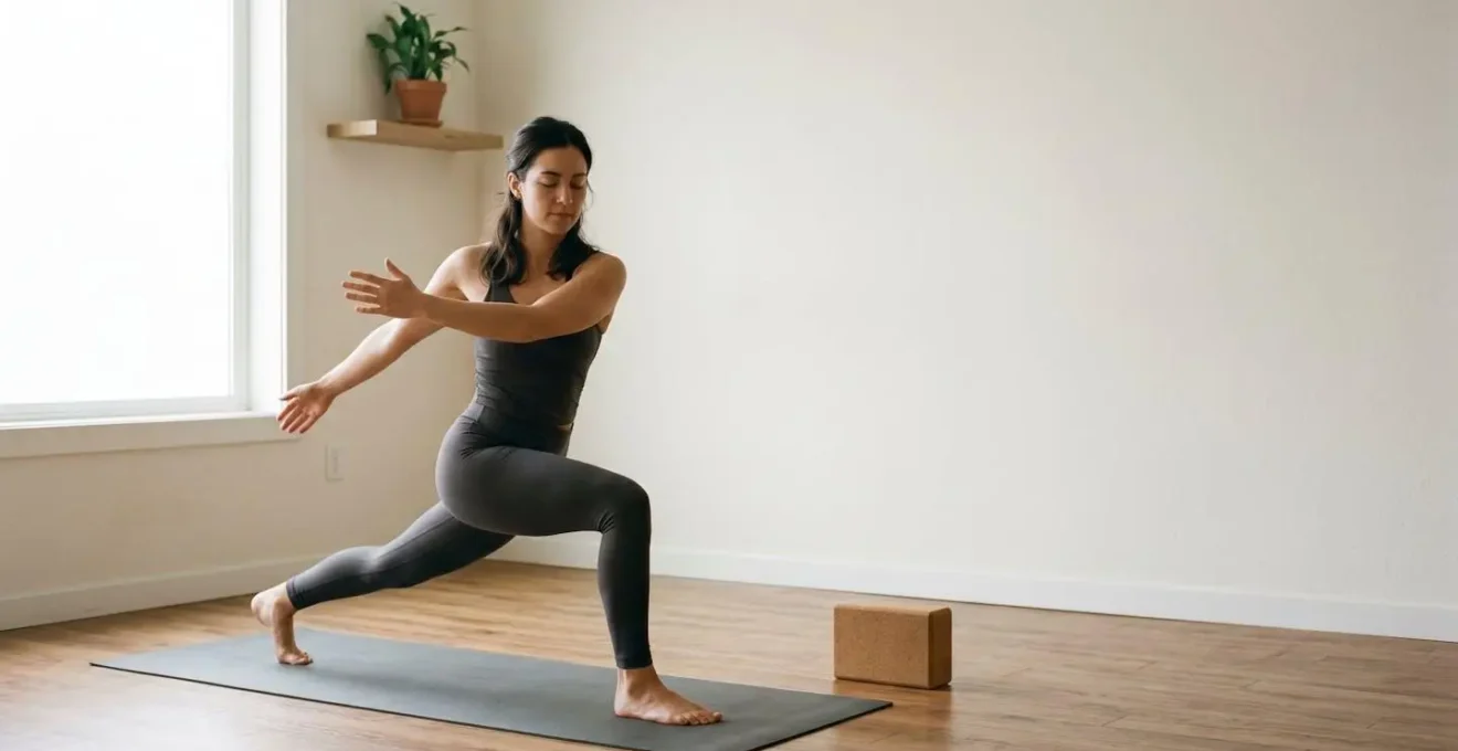 Practitioner in focused home yoga practice with minimal props emphasizing self-directed alignment work