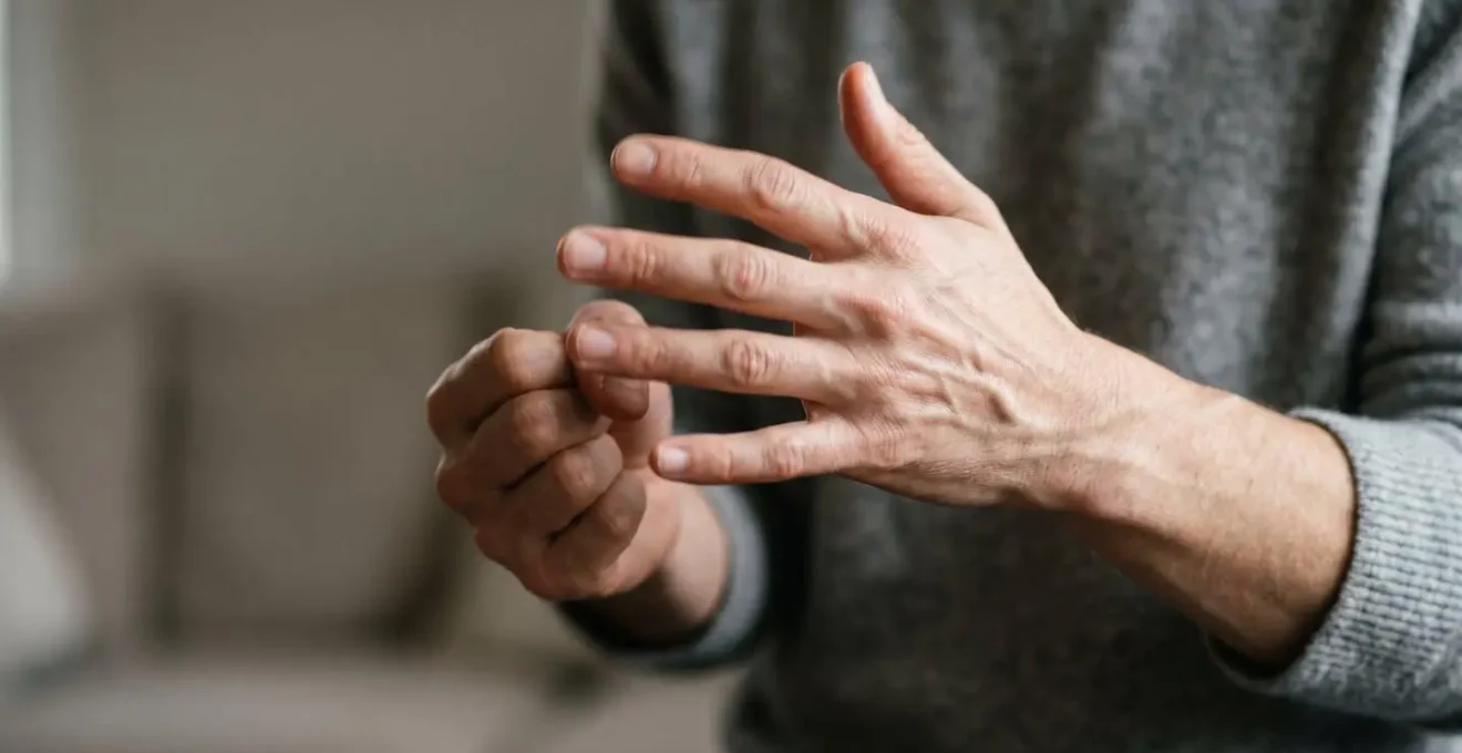 Human hands in gentle motion releasing tension, captured mid-gesture with blurred movement suggesting energy flow and emotional release