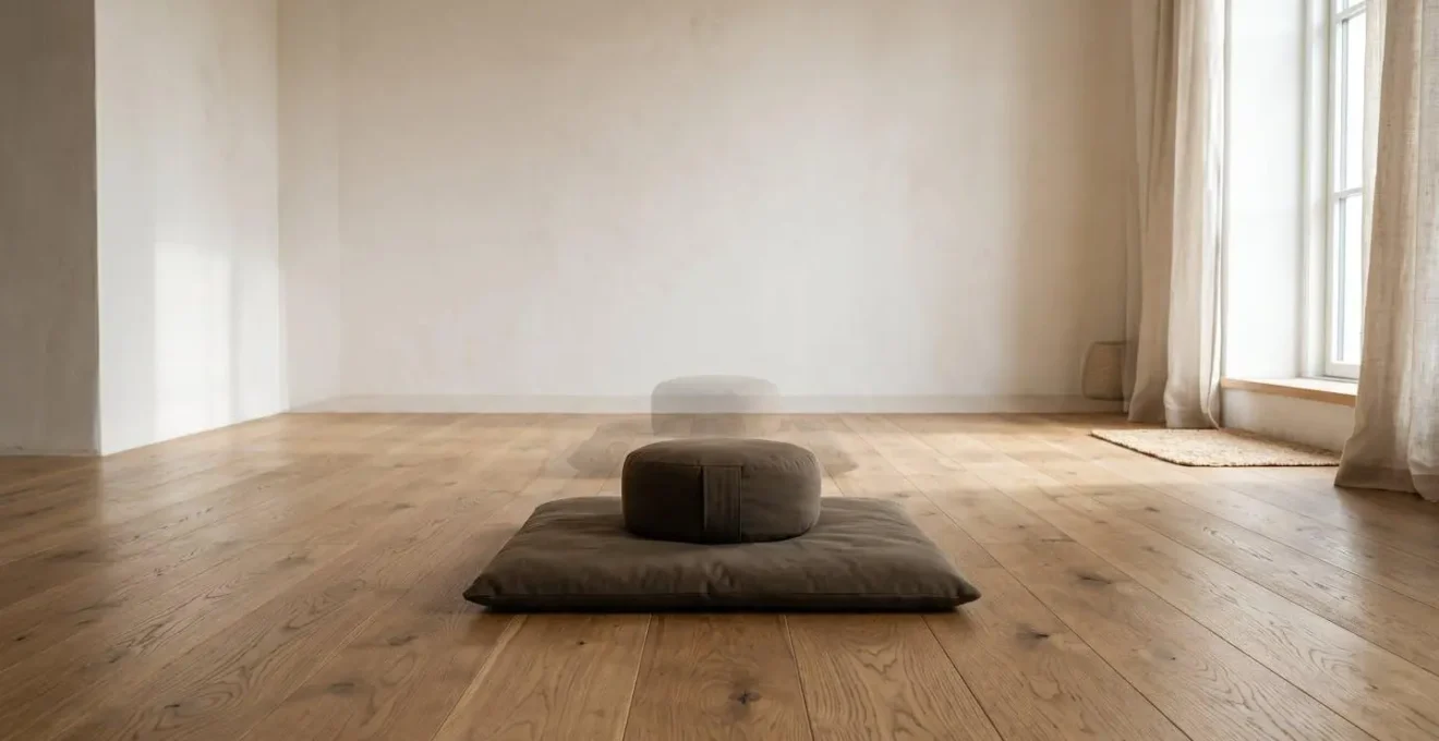 Minimalist environmental shot showing a meditation space with subtle motion blur suggesting the natural postural sway of dynamic stillness.