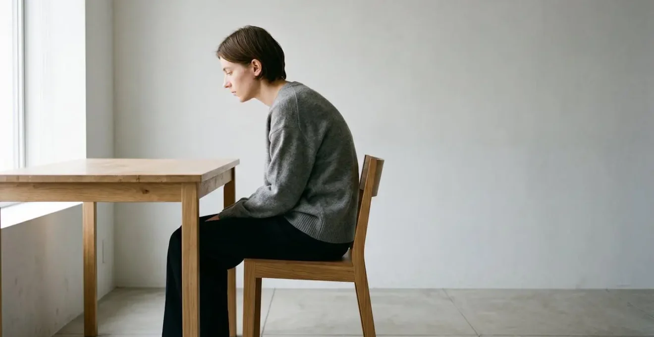 Wide environmental shot of person in static seated posture showing thoracic spine alignment and breathing limitation