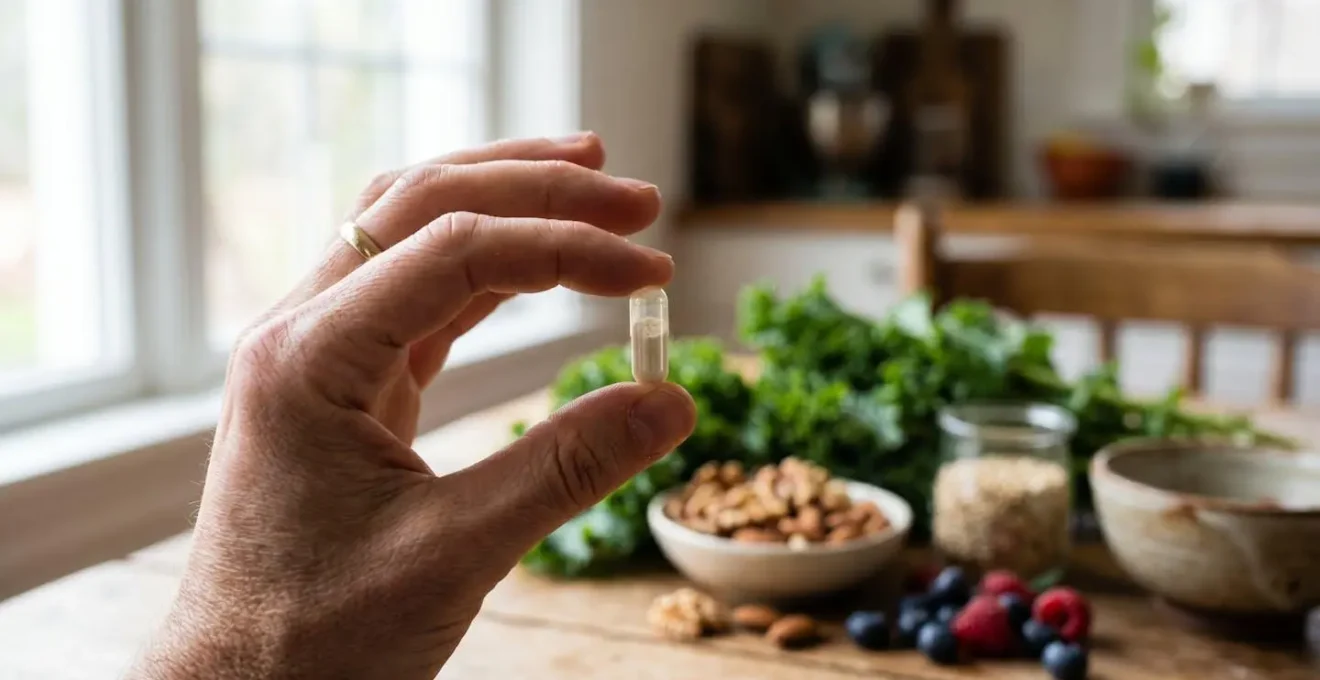 Close-up of a transparent supplement capsule surrounded by whole food ingredients showing the relationship between isolated nutrients and food matrix