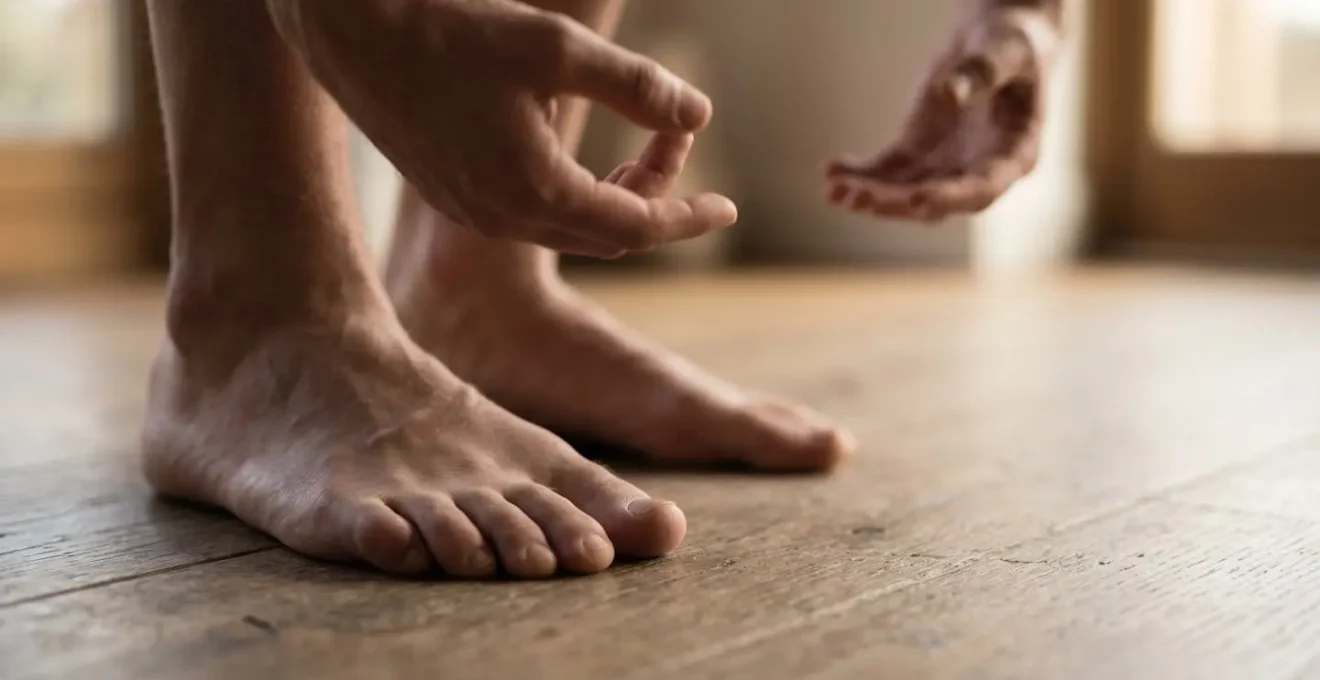 Close-up of bare feet firmly planted on the earth, with hands in a flowing tai chi movement in the background.