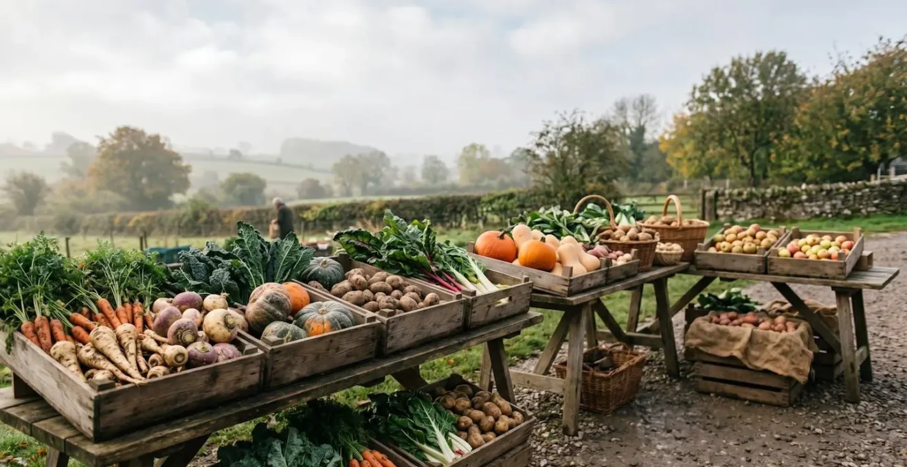 Close-up of fresh British seasonal vegetables and fruits at a local farmers market