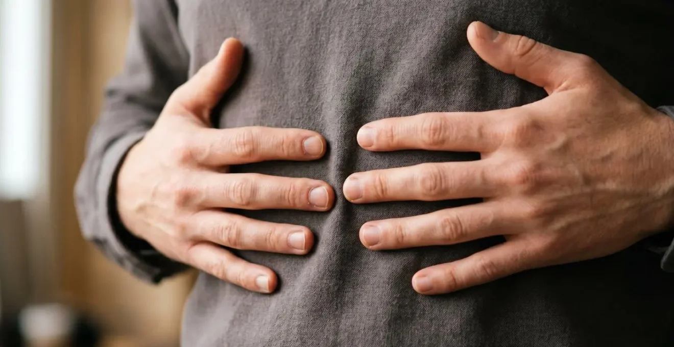 Close-up of hands positioned over diaphragm during deep breathing exercise for nervous system reset