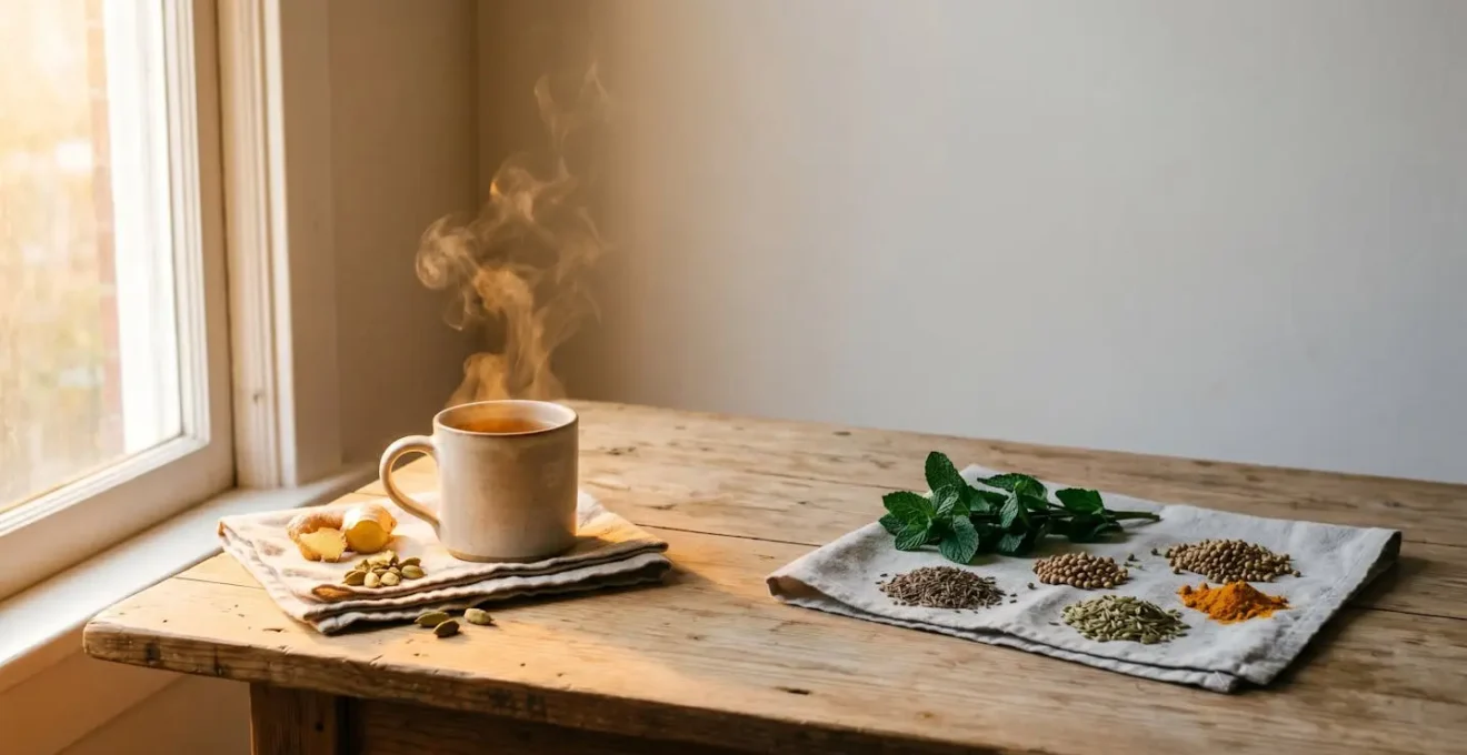 A conceptual still life contrasting warm herbal tea with cold ingredients showing digestive wellness principles