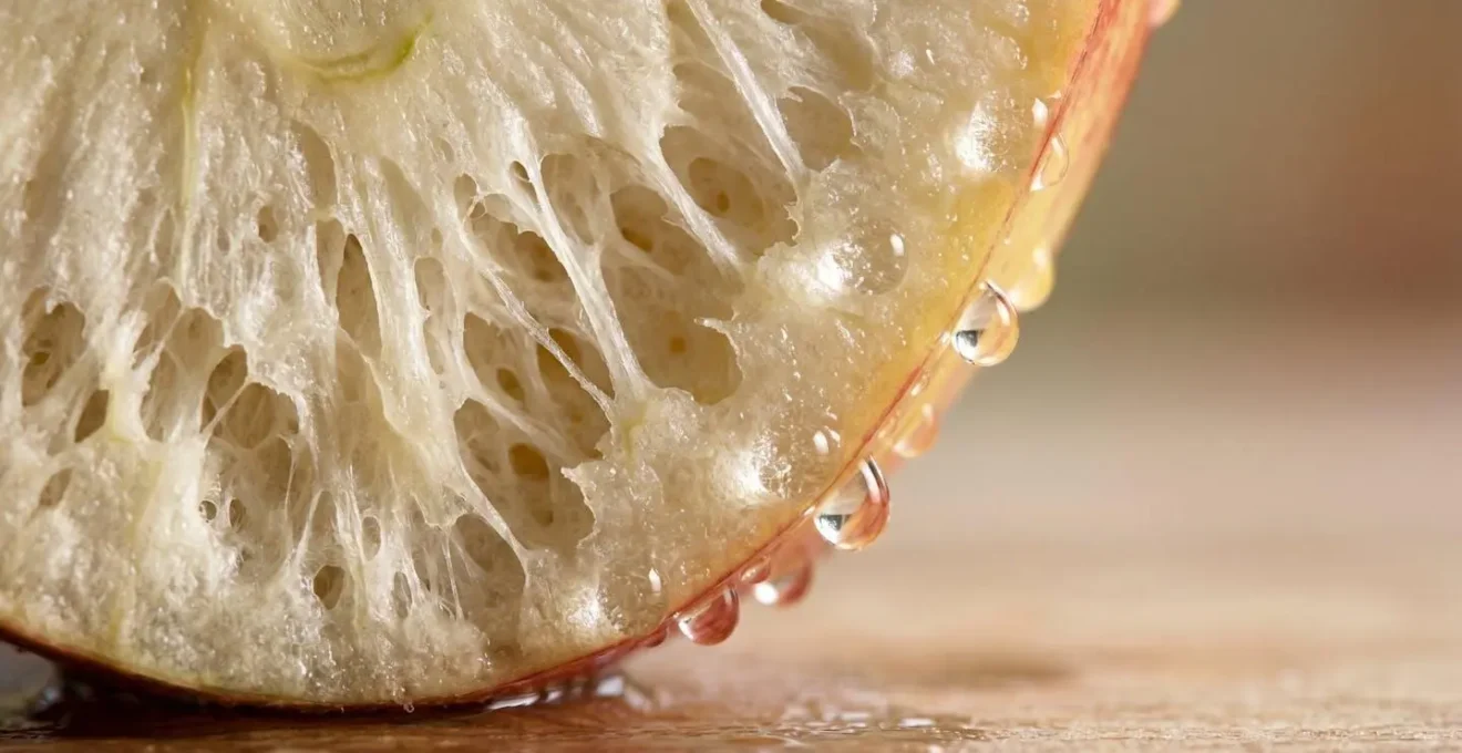 Visual comparison showing the structural difference between whole apple fiber matrix and processed apple juice at a macro level