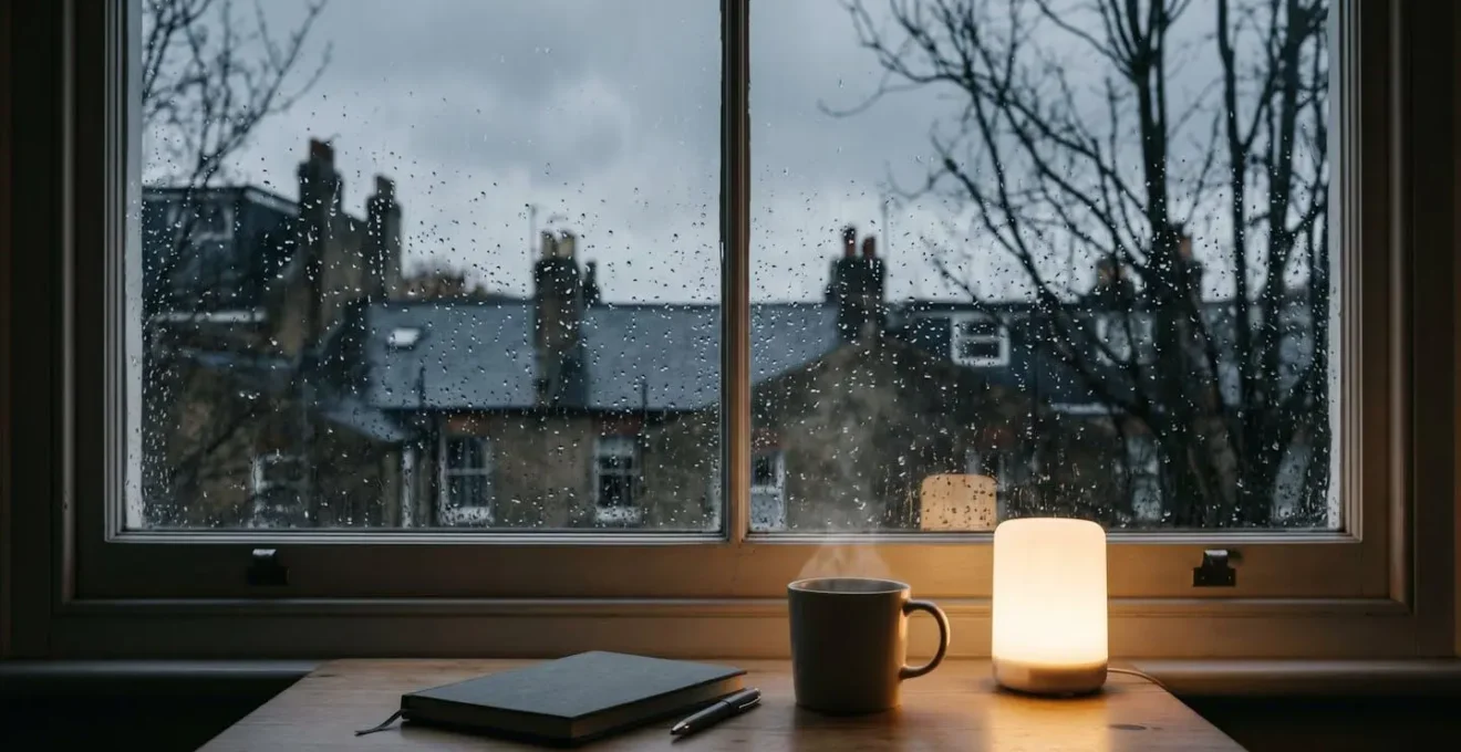 Dark winter morning scene depicting seasonal challenges affecting wellness routines in the UK