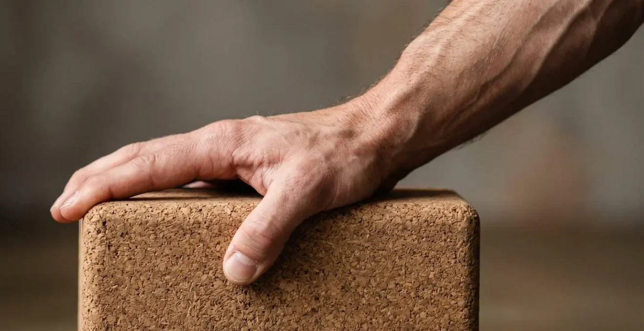 Close-up of hands actively pressing into a yoga block demonstrating engaged muscle activation