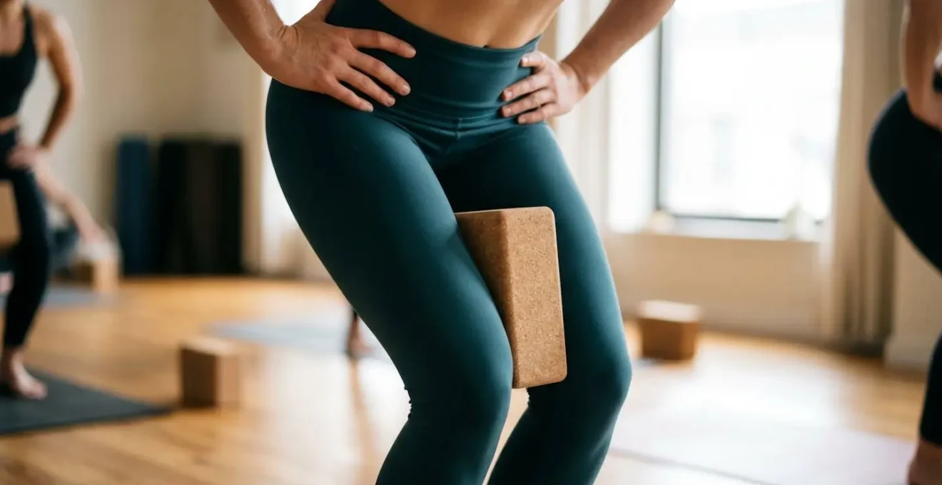 Mid-section view of practitioner in chair pose with cork block squeezed between thighs showing active engagement