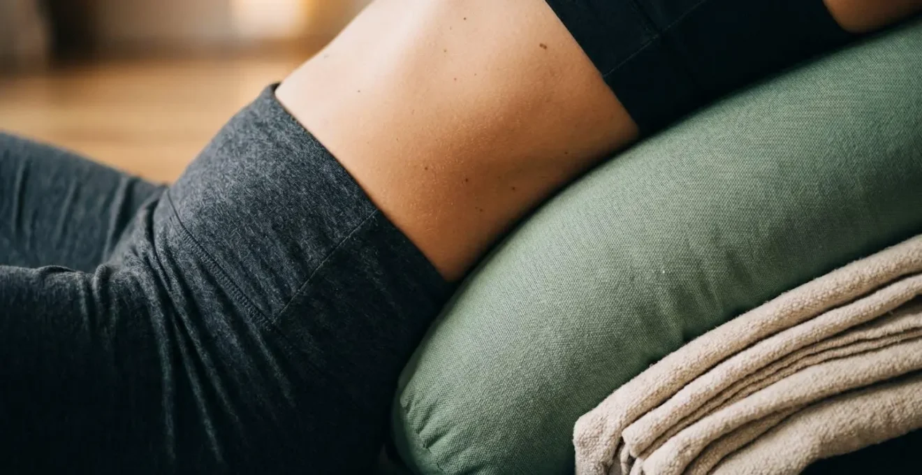 Close-up view of a yoga bolster and folded blankets arranged to provide complete body support with no gaps, demonstrating the no-gap principle