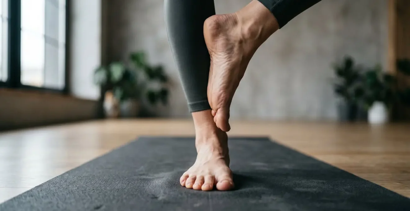 Comparison showing foot stability on dense versus low-density yoga mat surfaces during balance pose