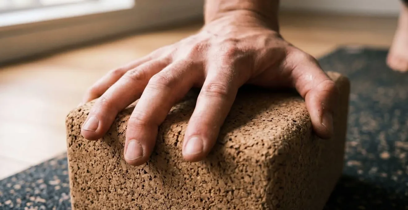 Close-up hands pressing into cork yoga block showing proper grip and contact in triangle pose