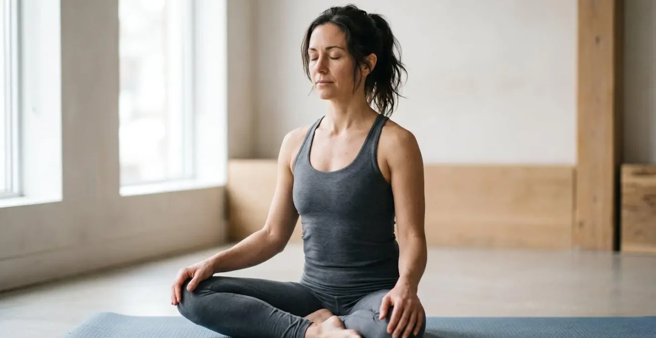 Yoga practitioner in meditative asana practice integrating philosophical principles into physical movement