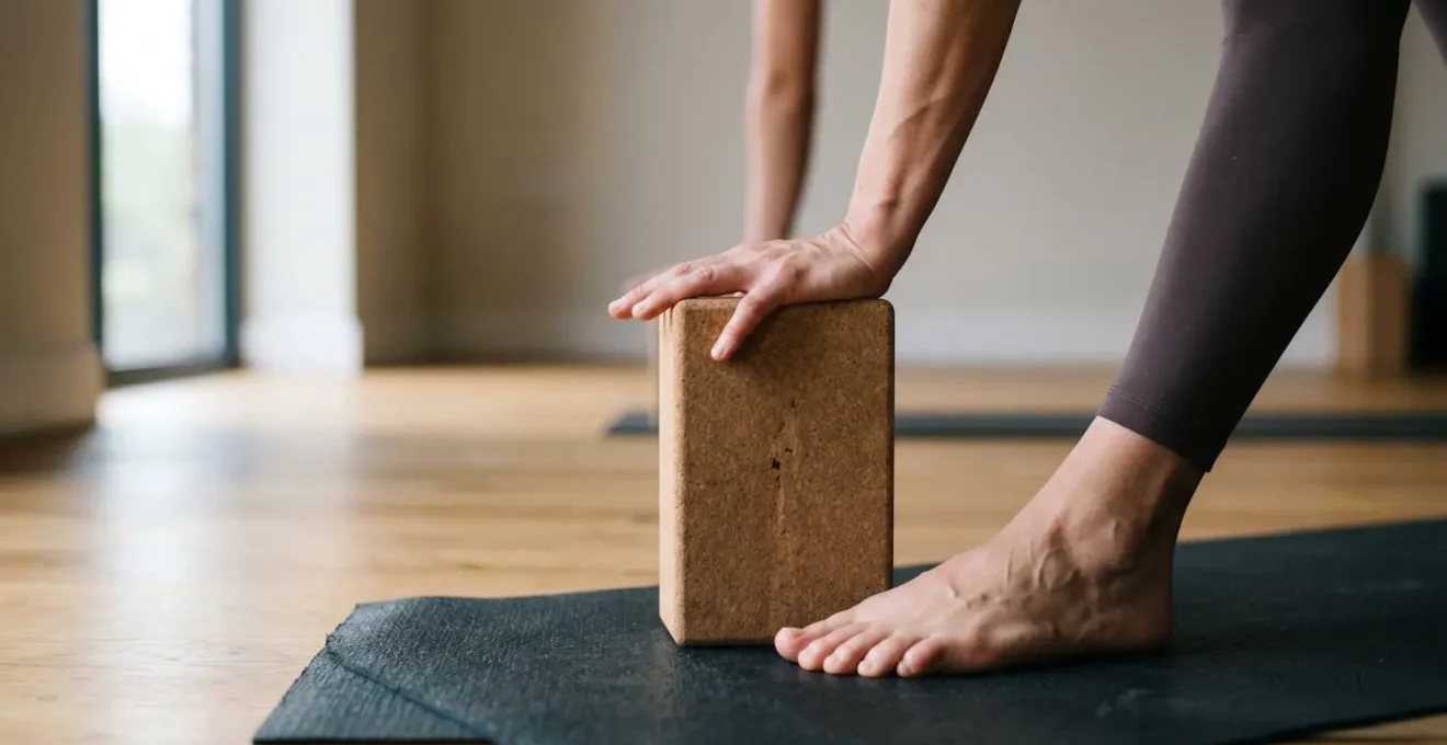 Yoga block supporting hand position in triangle pose showing proper pelvic alignment